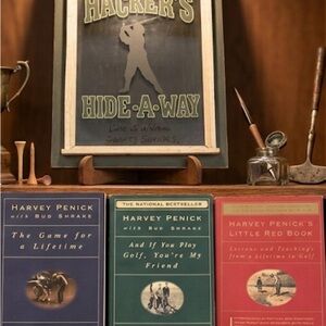HARVEY PENICK’S SET OF GOLF BOOKS.STAIN GLASS GOLF SIGN WITH HOOKS